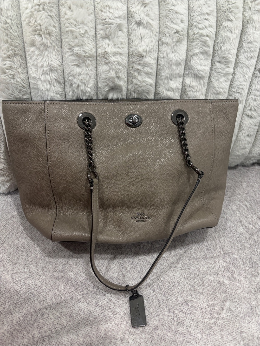 Coach Pebbled Leather Tote in Taupe Gray with Gunmetal Chains